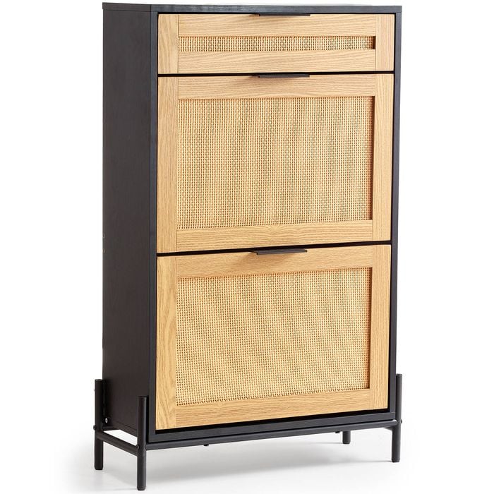 Vevor 64.69x26.28x102.79cm Rattan Shoe Cabinet Black with  2 Flip and 1 Slide Drawer