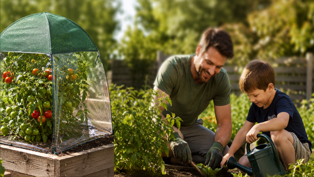 A man and child outdoors planting and watering plants outdoors, with a cherry tomato tree to the left with a covering over it.