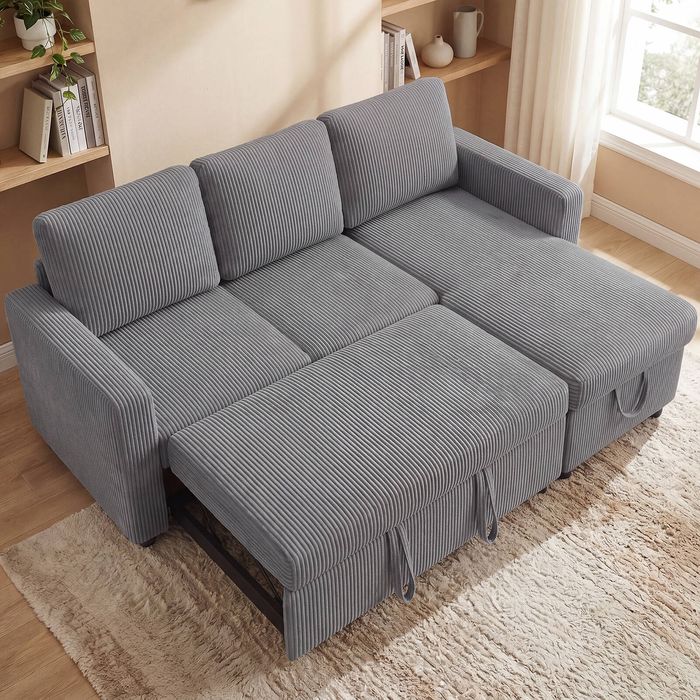 Advwin 3 Seater Sofa Bed w/ Storage Chaise 196cm Corduroy Pull Out Lounge Sleeper Couch Grey