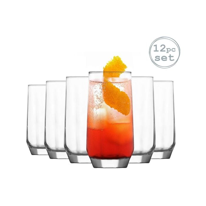 LAV 12 Piece Diamond Highball Glasses Set - Vintage Style Glass Drinking Tumblers - 385ml