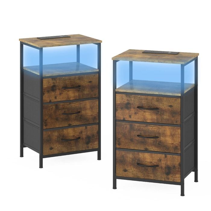 Ufurniture Nightstand Set of 2 with LED Light and Charging Station Industrial End Table 3 Fabric Drawers and Open Shelf Brown