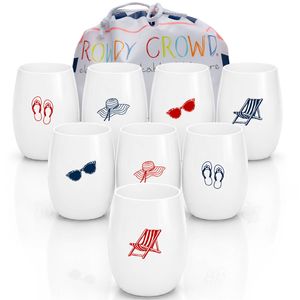 Rowdy Crowd Wine White Tumblers 425ml Summer Vibes Set of 8 - Unbreakable Tritan Plastic Dishwasher Safe