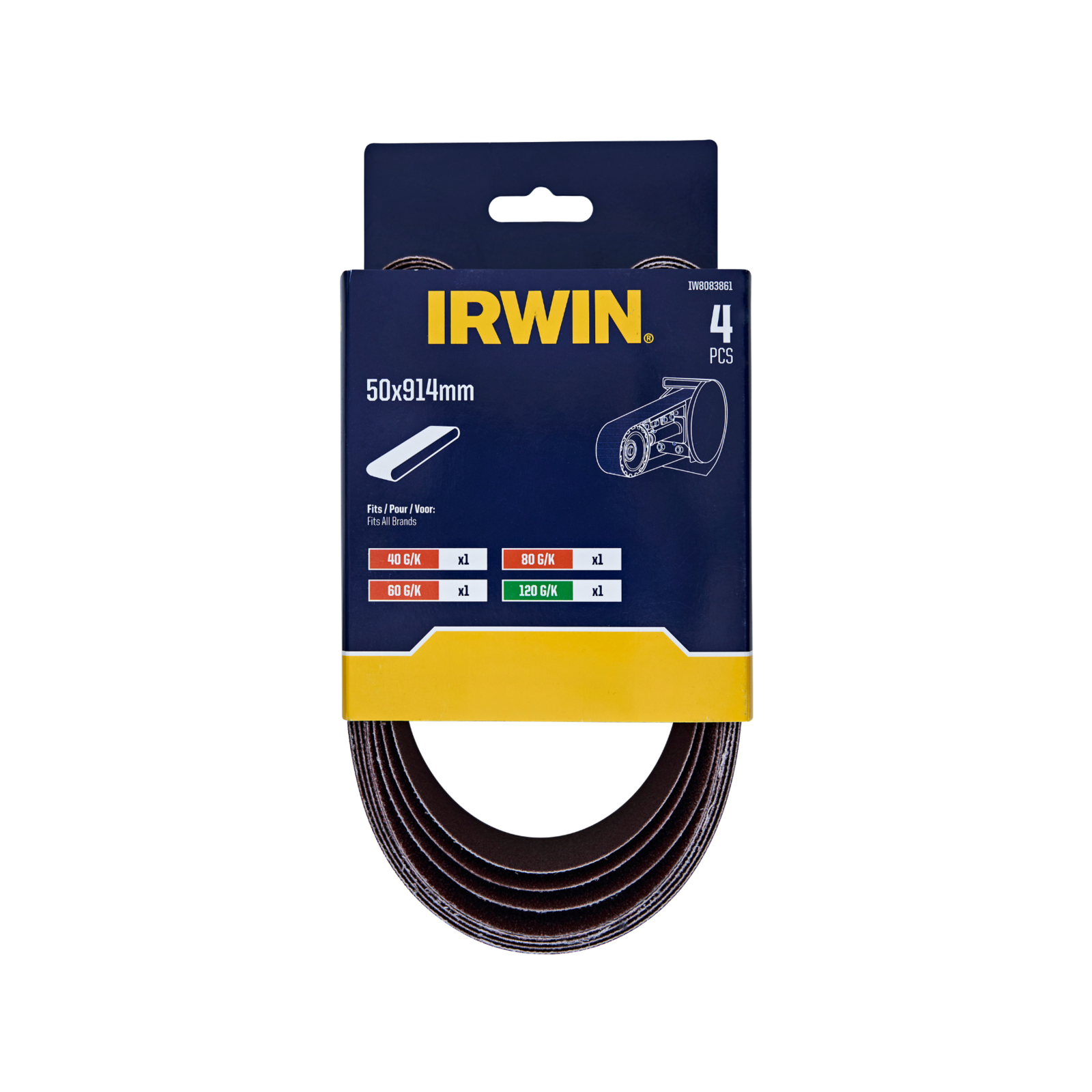 IRWIN 50 x 914mm 40 60 80 120 Grit Sanding Belt 4 Pack Bunnings Australia