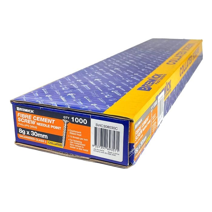 Bremick Collated Screw 8g x 30mm Galvanised Fibre Cement -1000 Pack
