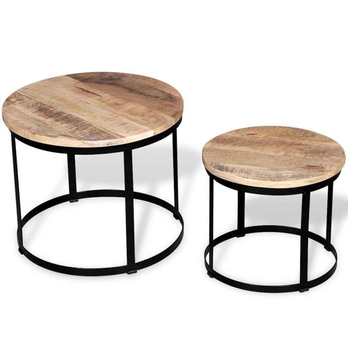 vidaXL 2 Piece Coffee Table Set Rough Mango Wood Round Couch Side Accent Stand