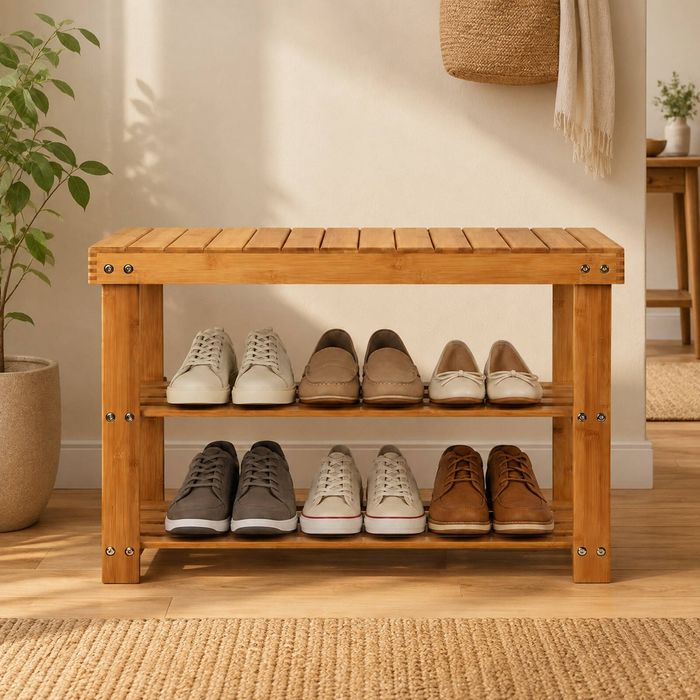 Homfurn Bamboo Shoe Rack Bench, Storage Stool With Cushion, Natural Wood Color, Durable, For Bedroom Bathroom Hallway