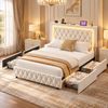 Advwin Double Bed Frame with Velvet Upholstered Headboard and Footboard 4 Storage Drawers LED Light Charging Station Beige