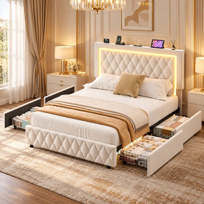 Advwin Double Bed Frame with Velvet Upholstered Headboard and Footboard 4 Storage Drawers LED Light Charging Station Beige
