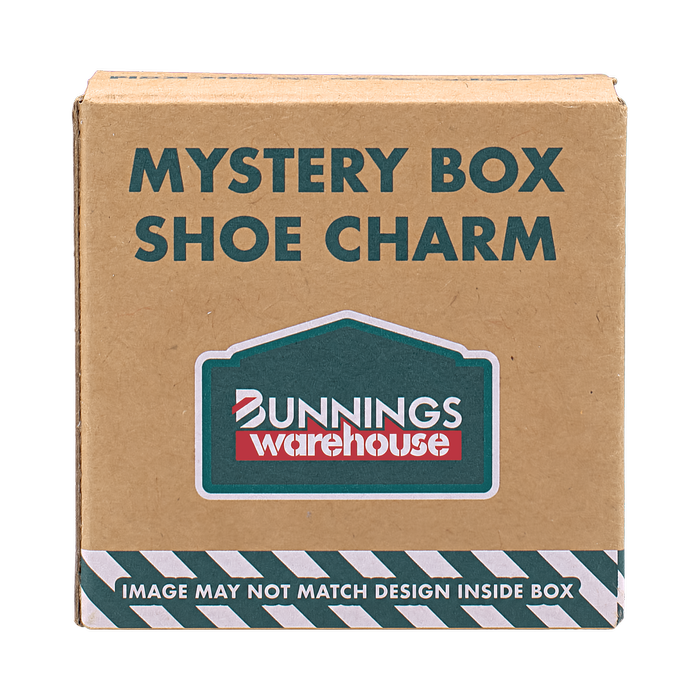 Bunnings Warehouse Mystery Box Shoe Charm cardboard packaging with a disclaimer that the image may not match the design inside.