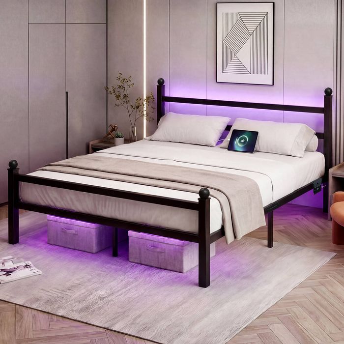 Ufurniture Metal Bed Frame with Headboard and Footboard with LED Lights and Charging Station Queen Black