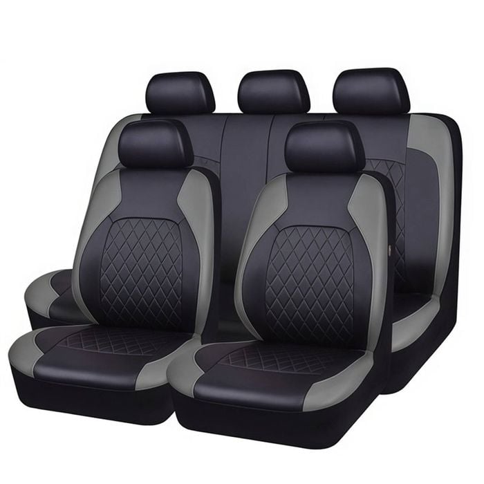 Catzon 9Pcs Car Seat Cover PU Leather Universal Full Set Protector-Grey