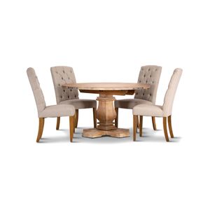 Gloriosa 5pc Dining Set 135cm Round Table 4 Beige Chair Mango Wood - Honey Wash