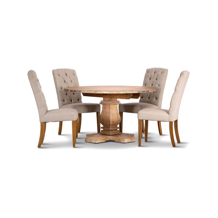 Gloriosa 5pc Dining Set 135cm Round Table 4 Beige Chair Mango Wood - Honey Wash