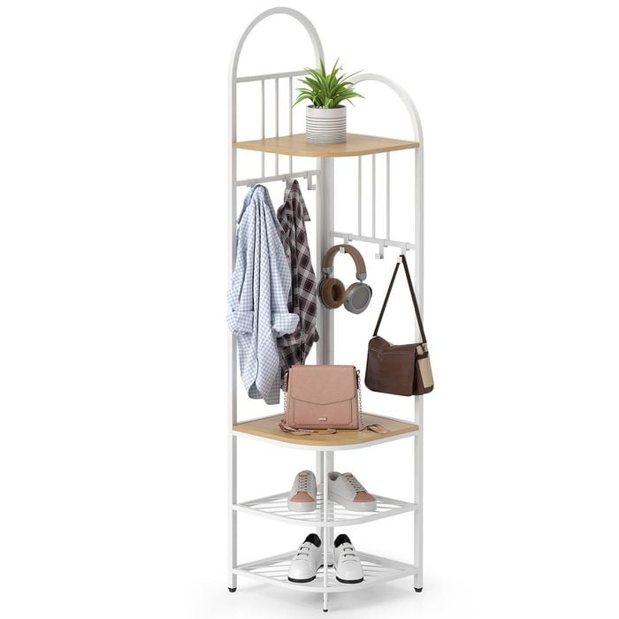 Costway 4-tier Coat Rack 180cm Corner Hall Tree Clothes Organizer Natural