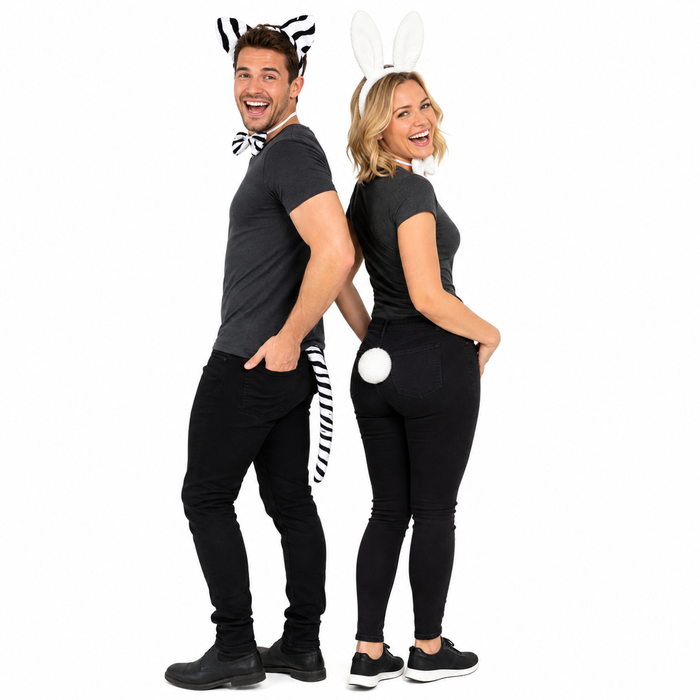 2pc Set Animal Headband w Bow Tail Rabbit + Zebra Ears Costume Halloween Party - Black & White | One Size | Animal Headband