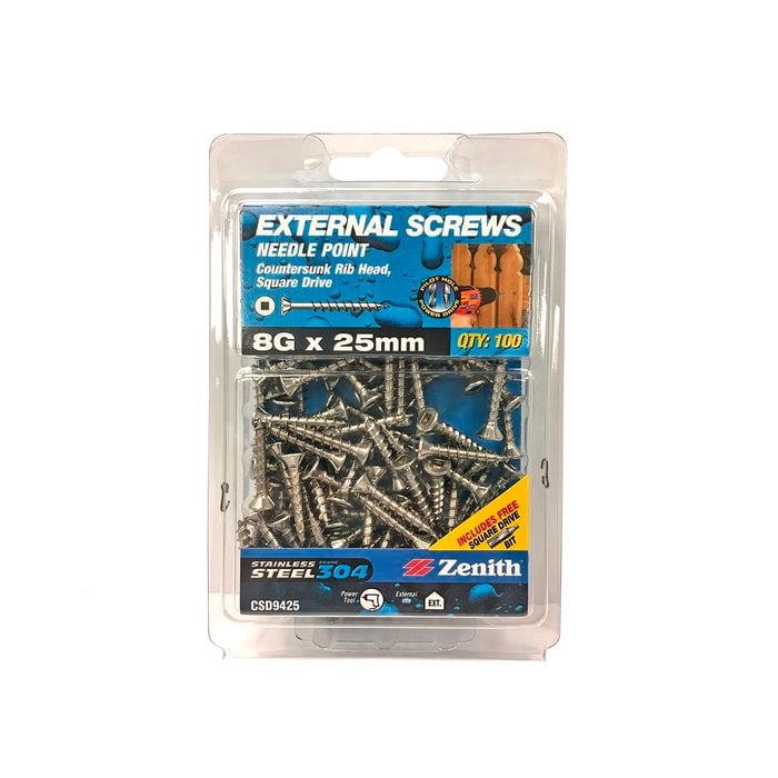 Zenith 8G x 25mm Stainless Steel 304 Square Drive External Screw - 100 Pack