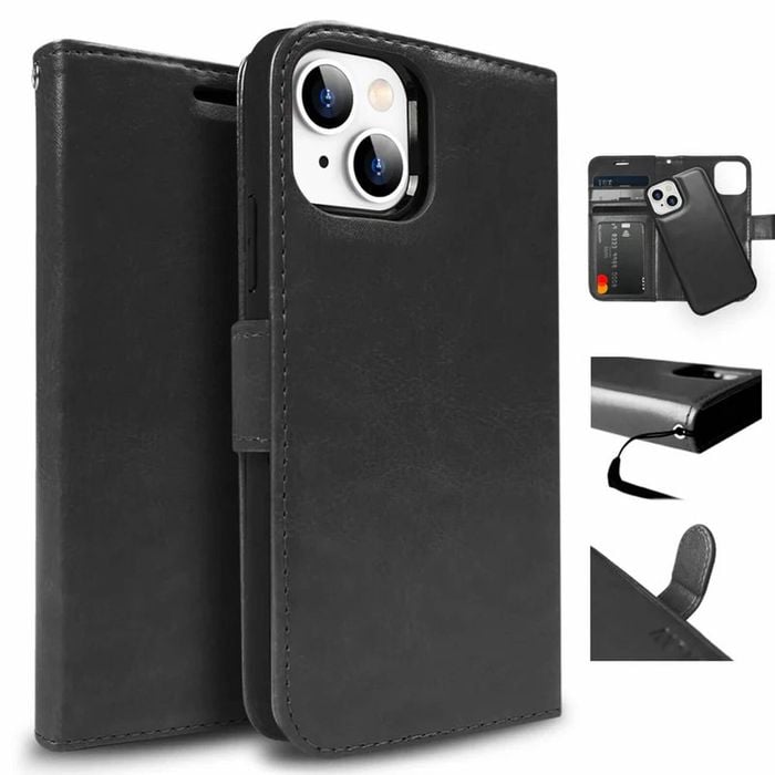 Tough On for Apple iPhone 16e / iPhone 15 Case Magnetic Detachable Leather Black