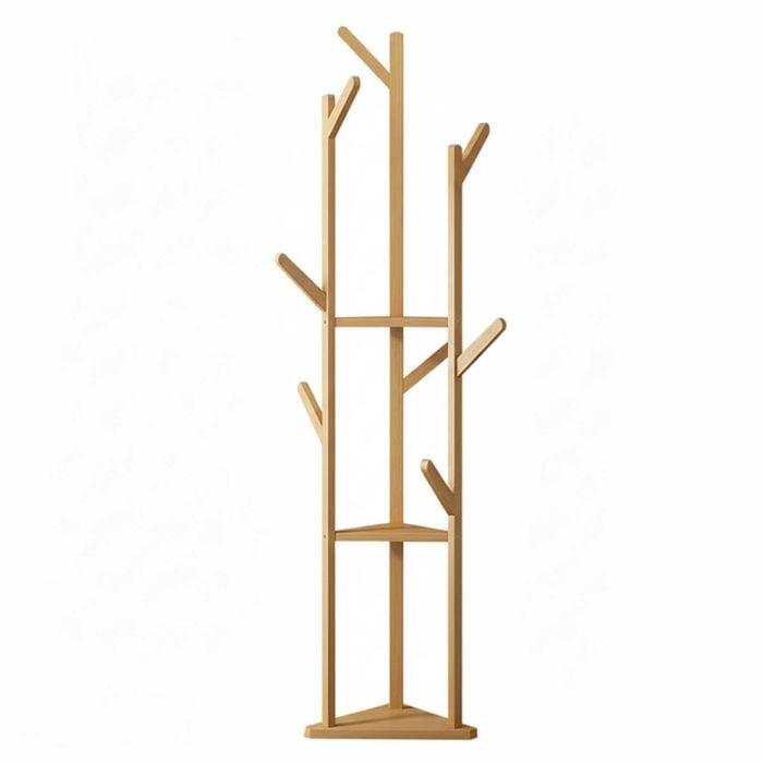 P&P Natural Bamboo Coat Tree Stand 3 Shelves 10 Hooks