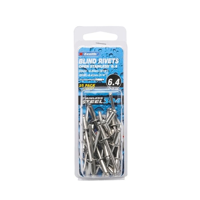 Zenith Blind Rivet Open 304SS 3/16"D x 1/4"G  25pk