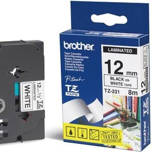 Brother 12mm Black On White Tze Tape