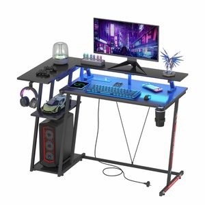 Advwin L Shaped Gaming Desk with LED Lights & Power Outlets Reversible Storage Shelf 120cm Computer Desk Black