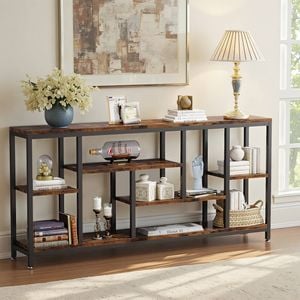 OAKORY 180cm Industrial Console Table with Shelves in Rustic Brown & Black