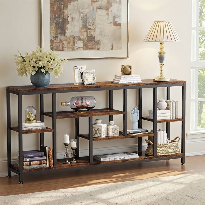 OAKORY 180cm Industrial Console Table with Shelves in Rustic Brown & Black