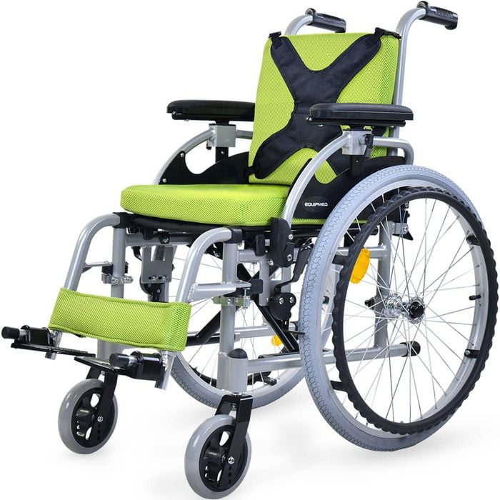 EQUIPMED Kids Premium Paediatric Wheelchair, Lightweight Aluminium, 22 Inch Wheels, 75kg Rated, Green