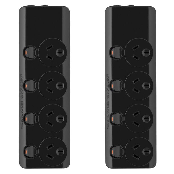 Arlec Black 4 Outlet Individually Switched Powerboard - Twin Pack