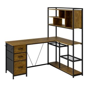 Advwin L Shaped Gaming Desk with LED Lights Reversible 148cm Computer Desk with 3 Drawers and Bookshelf Walnut