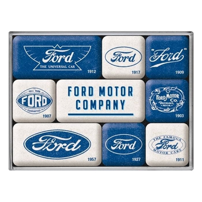9pc Nostalgic Art Ford Logo Evolution 2.2cm/4.5cm Magnet Set Home Fridge Decor