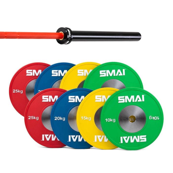 Smai Competition Bumper Plate Set With Barbell - 140kg - 20kg Red Barbell