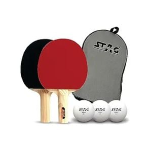 Stag 1 Star Table Tennis Playset | (Red) Wood | ITTF Approved Rubber | 2 Rackets & 3 Balls | Rackets and T.T Balls Included
