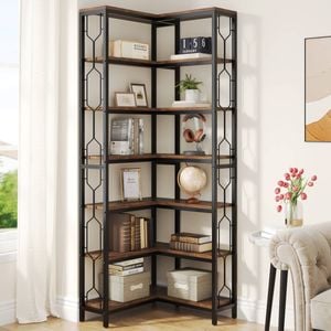 Oakory 7-tier Hexagonal Corner Bookshelf 200cm Tall With Railings Rustic Brown Wood And Black Metal Frame