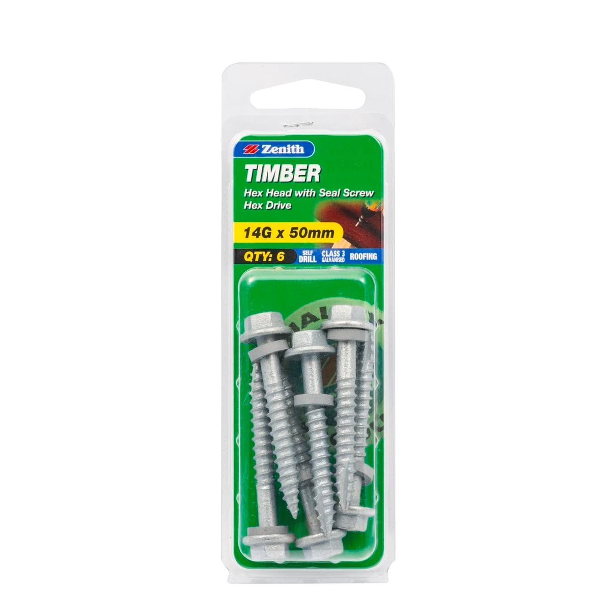 Zenith 14G x 50mm Galvanised Hex Head With Seal Timber Screws - 6 Pack ...