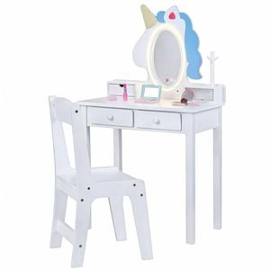 Costway Kid Vanity Set Light Unicorn Mirror 2in1 Jewelry Rack White