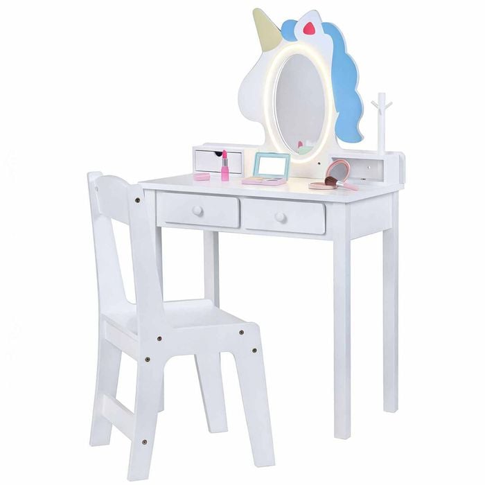 Costway Kid Vanity Set Light Unicorn Mirror 2in1 Jewelry Rack White