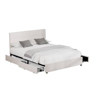Oikiture Bed Frame Queeen Size Headboard Beds with 4 Storage Drawers Beige