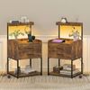 Ufurniture Side Table Set of 2 with Charging Station and LED Lights Bedside Table Black
