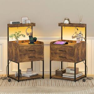 Ufurniture Side Table Set of 2 with Charging Station and LED Lights Bedside Table Black