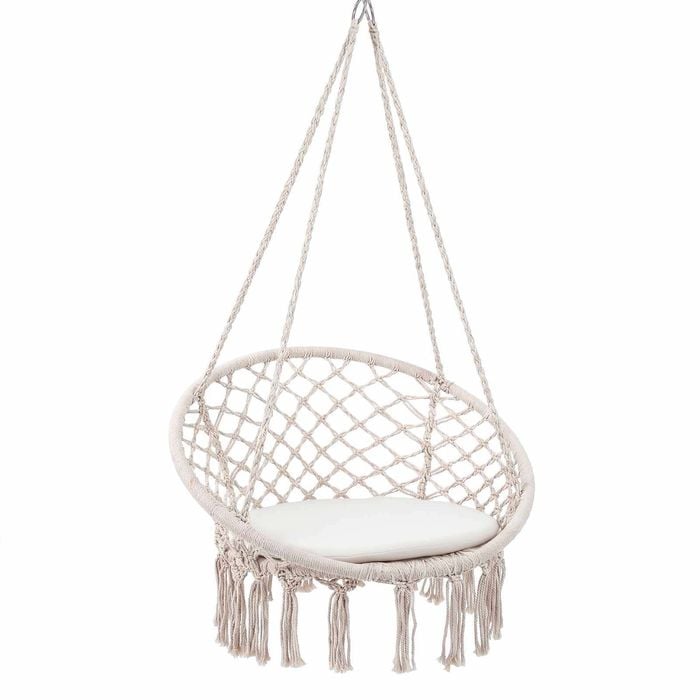 Costway Macrame Hammock Boho Rope Hanging Swing Seat Cushion Camp Beige