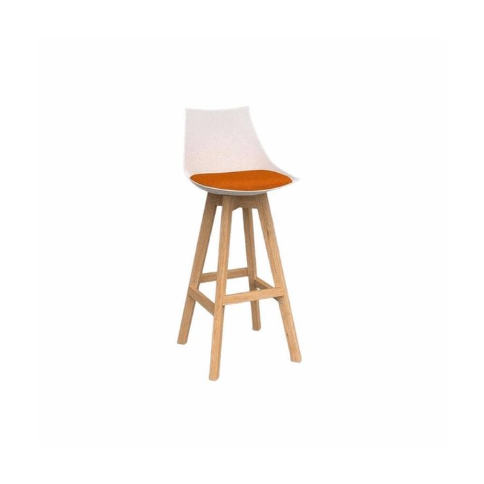 Olg Luna Bar Stool Oak Legs White Shell Sunset Orange Seat Pad