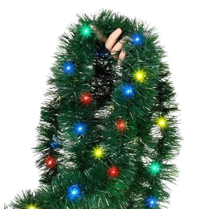 P&P Green Christmas Tinsel Garland 5m Long Battery Operated LED Lights Decor