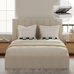 Celine Queen Ivory White Boucle Gas Lift Storage Bed Frame