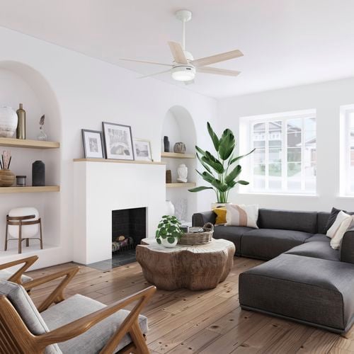 Whitewashed Oak Arete indoor ceiling fan hanging in living room