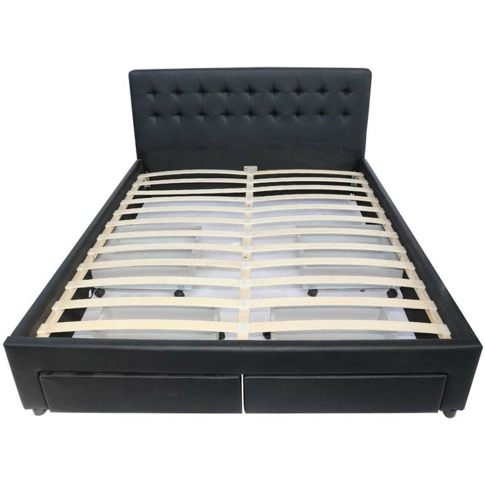 Julie PU Leather Double Bed Frame with Drawers - Black