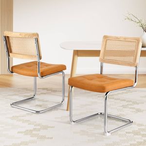 Homfurn Set Of 2 Dining Chairs – Rattan Back, Pu Leather Padded Seat, Cantilevered Stainless Steel Frame, 150kg Capacity, Brown