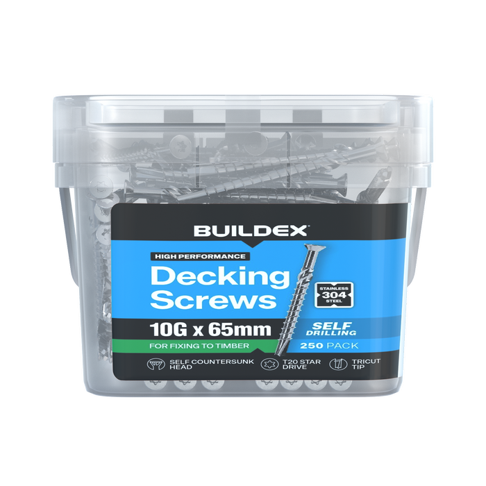 Buildex 10G x 65mm 304 Stainless Steel Decking Screws - 250 pack
