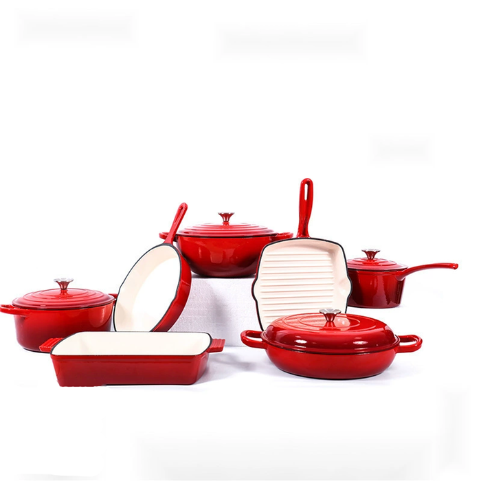 Relaxio Enamel Cast Iron Pot Cast Iron Casserole/French Oven Set of 7 Pieces - Red