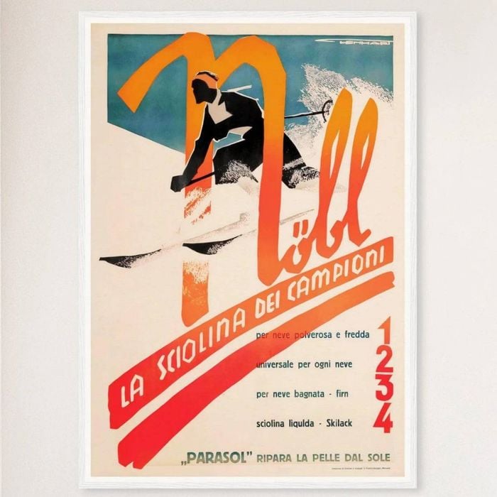 Galrie Nobl School of Champions Italy Vintage Ski Poster - Stylish Home Decor, White Frame, A3 30 x 42cm (12 x 16inch)